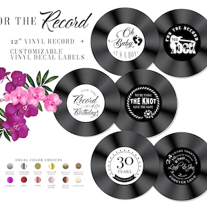 12&quot; Vinyl Record + 5&quot; Customizable Vinyl Decal Label - Guestbook Ideas for any occasion - Parties, Baby Showers, Anniversary, Engagements!