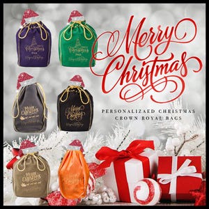 May include: Assortment of Christmas-themed Crown Royal bags in various colors, including purple, green, black, and orange. Each bag is adorned with a Santa hat and gold drawstring. The bags feature the text "Merry Christmas" and are displayed with wrapped gifts.