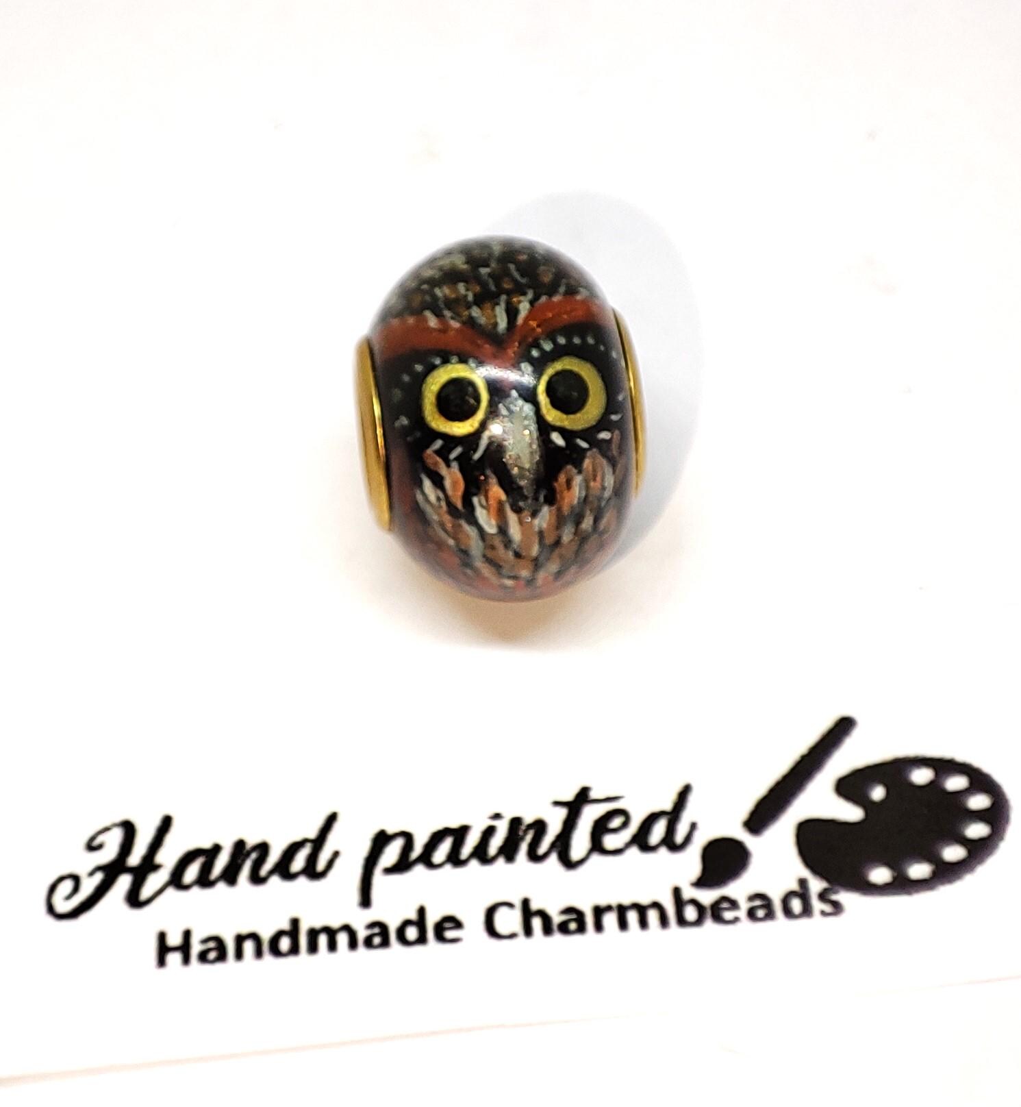 Owl charm bead handpainted, cute owl bracelet bead, handmade owl charm, pandorafit charms, European