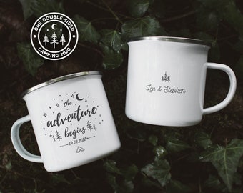 Wedding Mug The Adventure Begins Mountain Wedding Camping Mug Enamel Mug Personalised Custom Wedding Gift Anniversary Gift