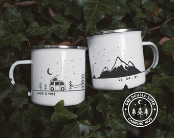 Personalised Camp Mug For Couples Campervan Decor Camping Mug Wedding Date Gift Van Life Enamel Mug Gifts For Campers RV Accessories