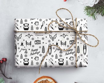 Happy Holidays Adventure Lover Gift Wrap Winter Camping Themed Wrapping Paper Eco Friendly Merry Christmas Festive Gift Paper
