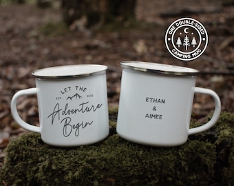 Couple Enamel Mugs Let The Adventure Begin Engagement Camping Mugs Campfire Mug Gifts For Couples Wedding Date Gift Woodland Wedding