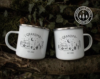 Pregnancy Announcement Grandparents Camping Mug Baby Reveal Enamel Mug Camping Gifts For Grandparents Personalised Adventure Mug