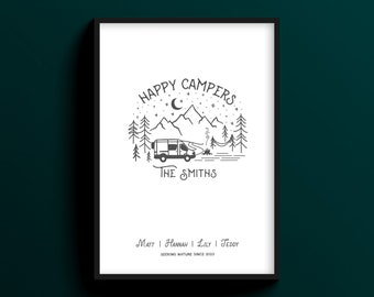 May include: Black and white illustration of a camper van driving through a mountain landscape with a campfire and a hammock. The text "HAPPY CAMPERS" is above the image and "THE SMITHS" is below the image. The text "MATT | HANNAH | LILY | TEDDY SEEKING NATURE SINCE 2023" is at the bottom of the image.