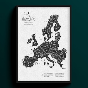 May include: A black and white map of Europe with a camper van icon and the text "Matte & Tast" above it. The map is divided into countries and regions, with names written in white. The text "TRIPS WERE PLANNING", "WEEKEND ADVENTURES", "WILD CAMPING", "OUR FAVOURITES", "BUCKETLIST TRIPS", and "PAST ADVENTURES" are listed in a column on the right side of the map.