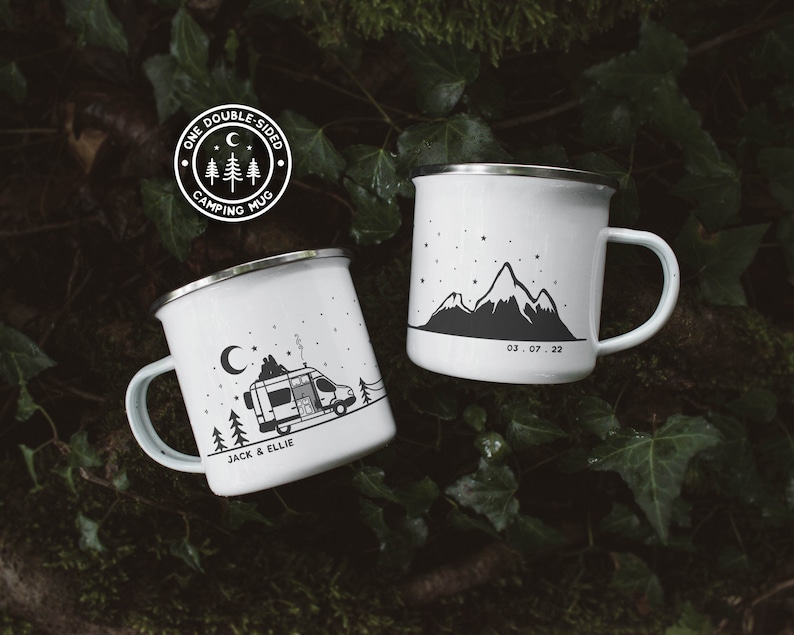 Personalised Vanlife Mug Campervan Enamel Camp Mug Custom Camping Mug For Couples Vanlife Gift Mug RV Accessories Camping Gift image 1