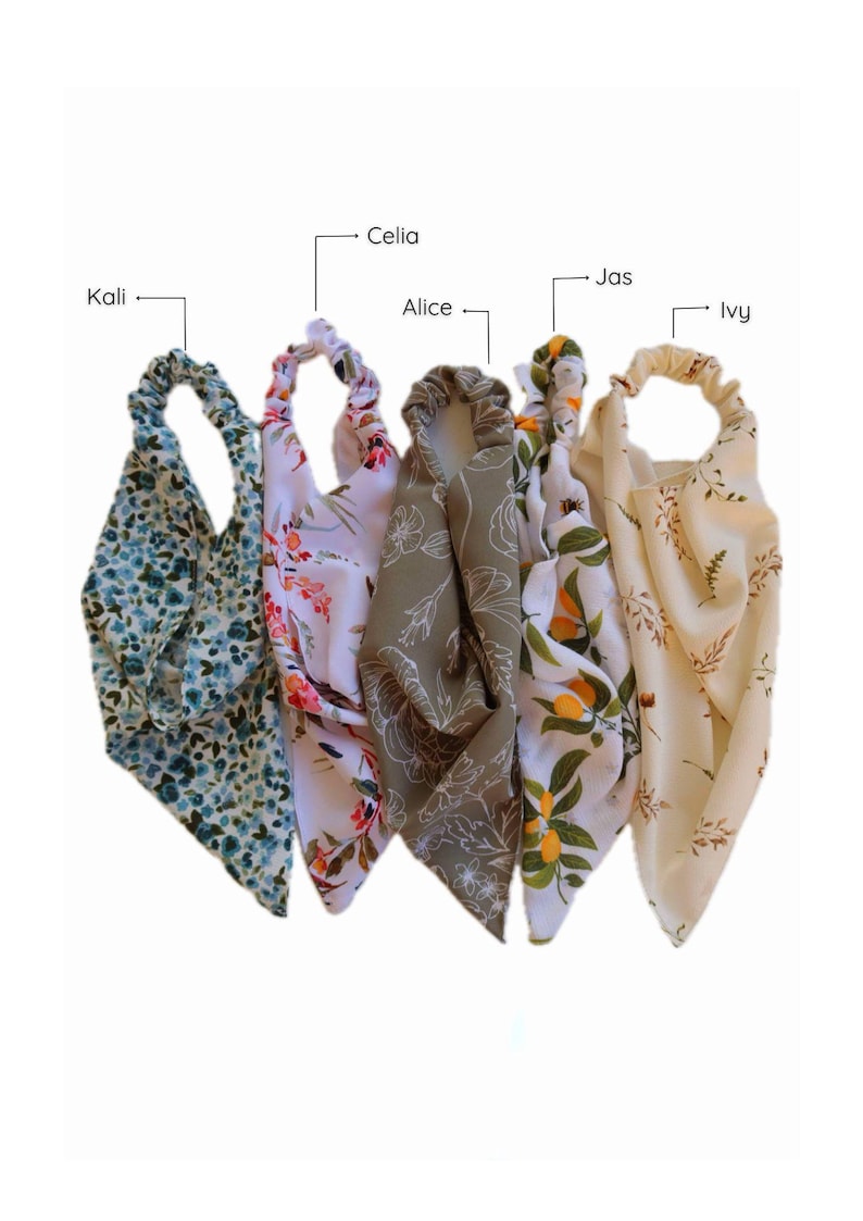 May include: Four floral patterned headbands in different colors and patterns. The headbands are arranged in a row from left to right. The headbands are labeled "Kali", "Celia", "Alice", "Jas", and "Ivy".