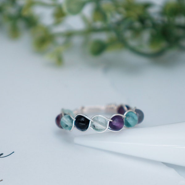 Flourite Dainty Gemstone Braided Wire Ring, Aventurine and Rose Quartz Rings, Rings For Her, Flourite Gemstone Ring, Dainty Crystal Rings