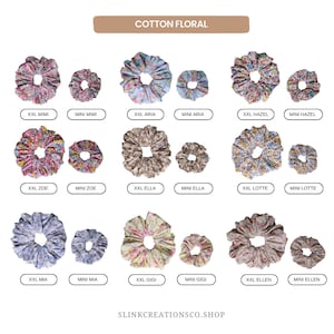 May include: A set of 10 cotton floral scrunchies in various colors and patterns. The scrunchies are arranged in pairs, with a larger size labeled "XXL" and a smaller size labeled "MINI".