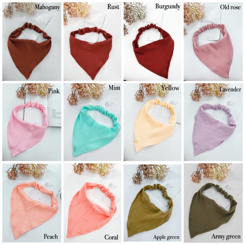 May include: Twelve different colored fabric headbands in a variety of colors, including mahogany, rust, burgundy, old rose, pink, mint, yellow, lavender, peach, coral, apple green, and army green.