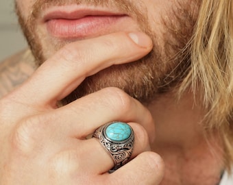 Anillo de howlita vintage para hombre, estilo antiguo, piedra natal de Sagitario, acero inoxidable, estilo art nouveau, unisex.