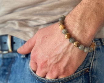 LABRADORIT Edelstein Armband Perlenarmband Jaspis Heilstein Chunky Statement-Armband Partnerarmband Mala-Armband Unisex Geschenk