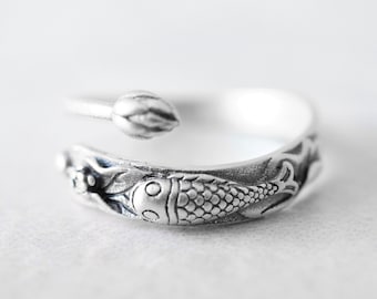 Anillo de pez koi en plata de ley 925, anillo de loto apilable, anillo de filigrana para yoga, meditación, joyería ajustable, regalo vintage.