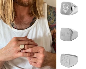 Signet ring with engraving, customizable engraved ring, stackable ring, statement engraved ring, men's ring, silver stainless steel, gift for man, friend, father