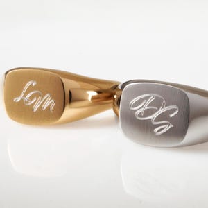 Può includere: Sono presentati due anelli con sigillo, uno dorato e uno argentato. L'anello dorato ha le iniziali "L M" incise, mentre l'anello argentato presenta "D G". Entrambi gli anelli hanno una faccia quadrata e una fascia liscia.