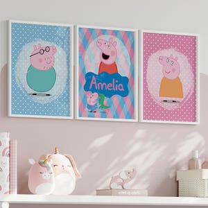 Personalized Pink Pig Family Posters Set, Nursery Custom Name Cartoon Wall Art for Girls and Boys Room, Piggy Characters Inspired, Gift Idea