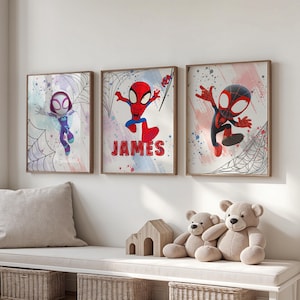 Spiderman Poster Set mit 3 Benutzerdefinierten Drucken, Superhelden-Kinderzimmerdekor mit Spidey, personalisierter Name für Jungen- und Mädchenzimmer