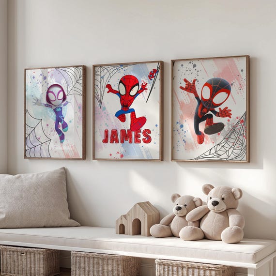 Spiderman Poster Set of 3 Custom Print, Superhero Themed Nursery Decor with Spidey, Personalised Name for Boys & Girls Room