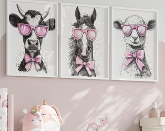 Farm Animal Nursery Prints | Pink Sunglasses, Bow Ties (Set of 3) (Digital Download)