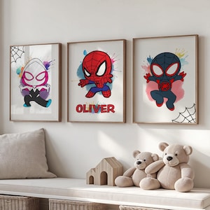 Set di 3 poster stampabili di Spiderman - Stampa personalizzata, decorazione per la cameretta dei bambini con supereroi dei cartoni animati, nome personalizzato per la cameretta dei bambini e delle bambine, arte murale per bambini