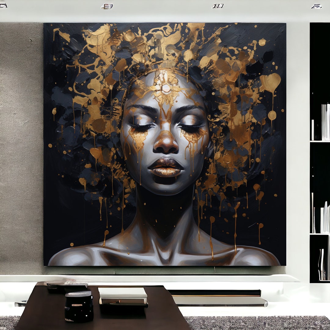 African Woman Art Painting Portrait, Gold and Black Poster, Print ...
