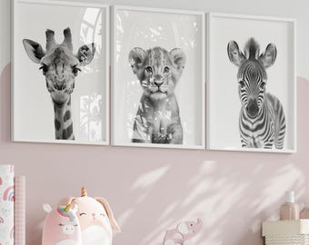 Safari Animal Nursery Prints | Giraffe, Lion, Zebra Set (Digital Download)