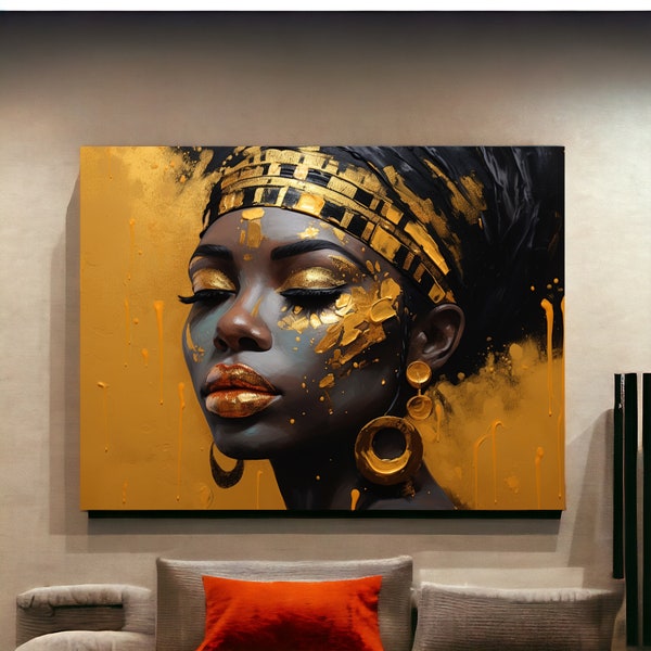 African woman oil painting art portrait, gold and black poster, print canvas, Extra large wall art, Digital wall art , Download digital art