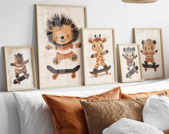 Skateboarding Animal Nursery Art Prints | Kids Room Decor (Digital Download)