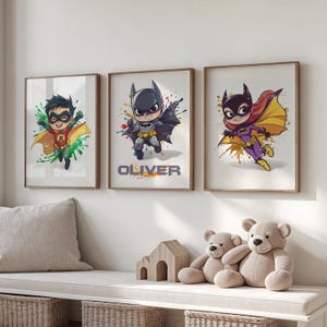 Personalized Bat Hero Kids Nursery Poster Set of 3, Custom Name Super Hero Wall Art, Cartoon Themed Printable, Boys and Girls Room Decor