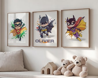 Personalized Bat Hero Nursery Poster Set, Kids Room Decor (Digital Download)