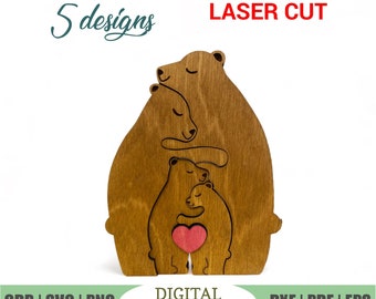 Bear Family Puzzle Laser Cut Files (svg, eps, png, pdf) Digital Download