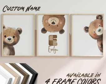 Peeking Bear Nursery Art Print Set, Custom Name, Woodland Decor