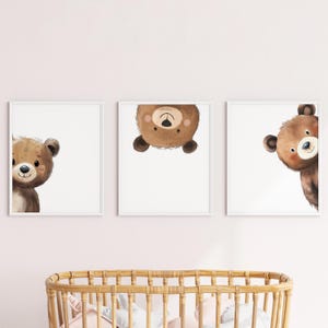 May include: Three framed prints of brown bear faces. The bear in the left print is looking to the right, the bear in the center print is upside down, and the bear in the right print is looking to the left.