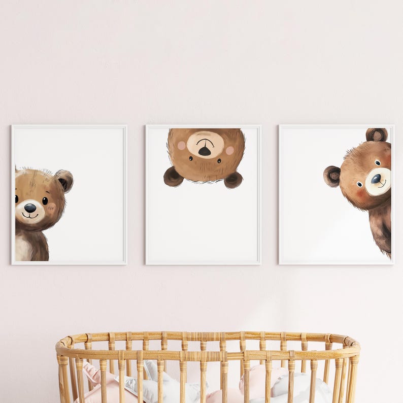 May include: Three framed prints of brown bear faces. The bear in the left print is looking to the right, the bear in the center print is upside down, and the bear in the right print is looking to the left.