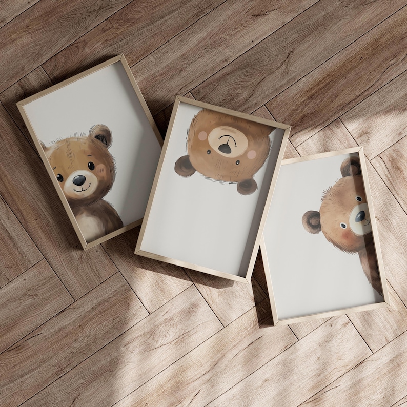 May include: Three framed illustrations of brown bears with white backgrounds. The bears are depicted in different poses, with one looking directly at the viewer, one looking to the side, and one looking up.