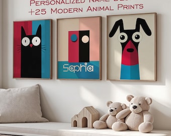 Custom Name Animal Nursery Prints | Modern Kids Room Decor (Digital Download)