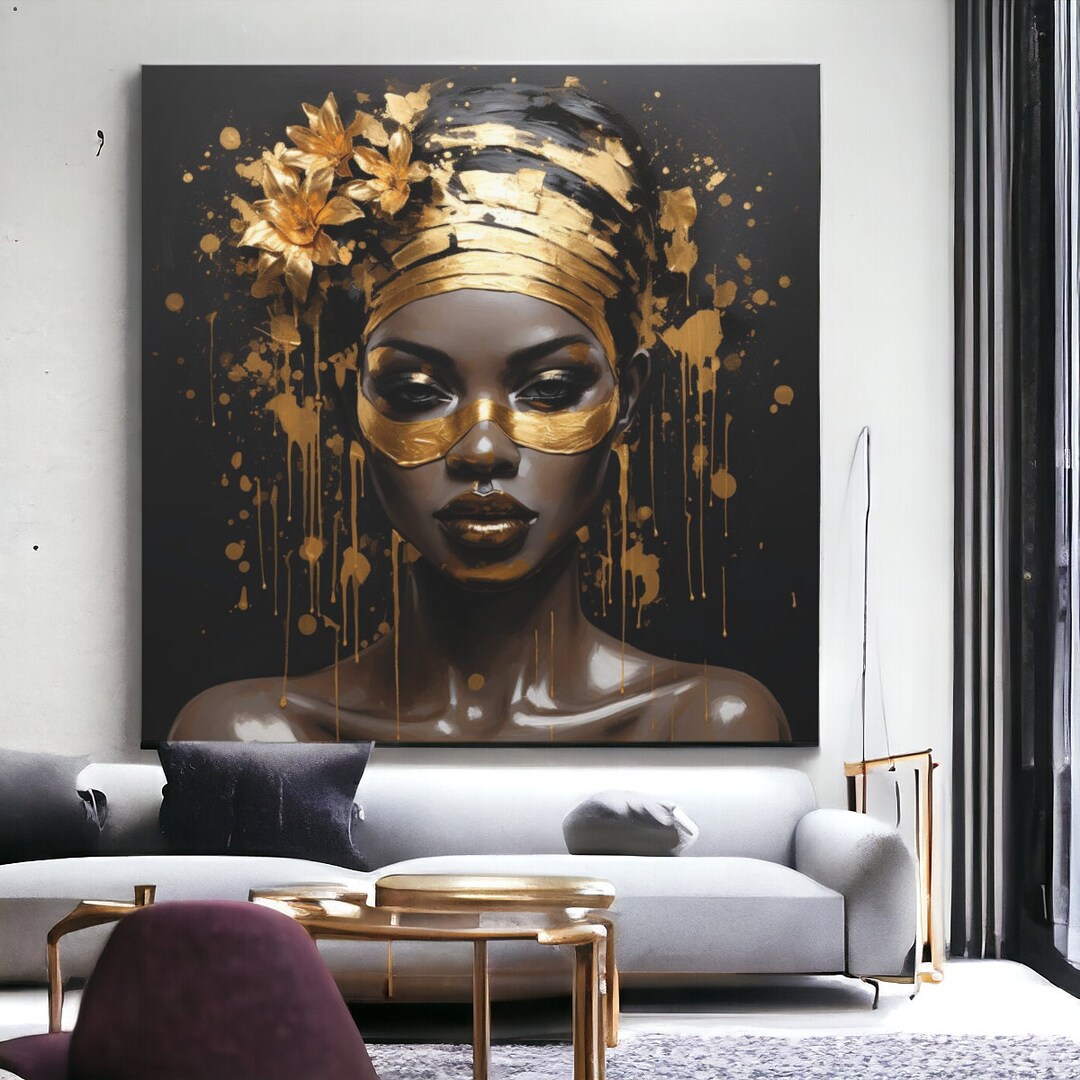 African Woman Wall Art Canvas, Gold and Black Art Painting, Large Wall