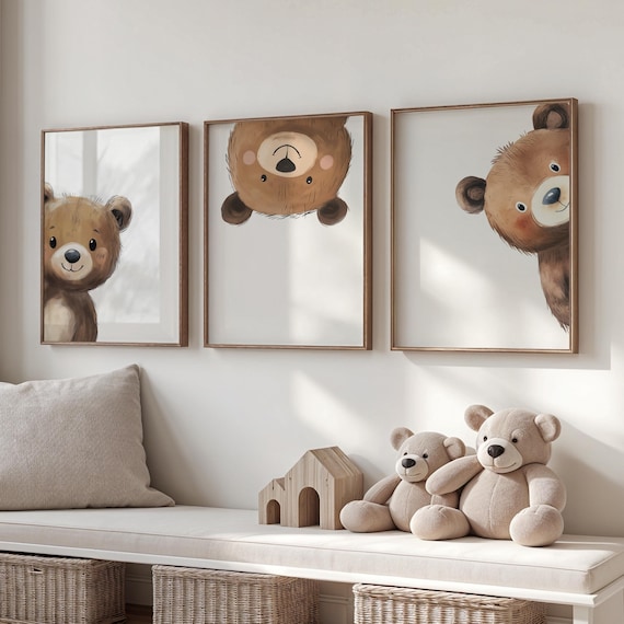 Bear Print Nursery Wall Art - Peeking Bear Posters, Peekaboo Kids Room Decor, Digital Download Printable Art, Woodland Animal Home Decor