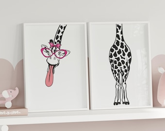 Giraffe Nursery Art Prints, Pink Glasses, Set of 2 (Digital Download)