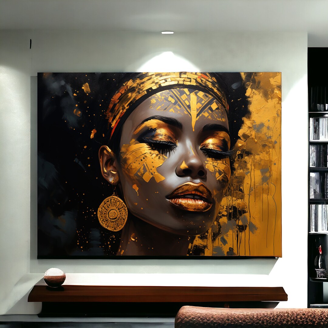 African Woman Art Portrait, Gold and Black Poster, Oil Painting Canvas ...
