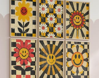 Retro Smiley Flower Print Set, Boho Nursery Decor (Digital Download)