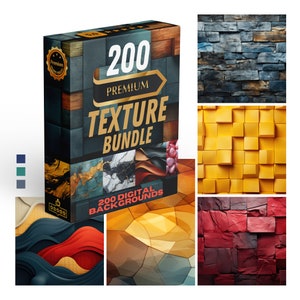 May include: A box of 200 premium digital texture backgrounds. The box features a collage of different textures, including wood, stone, marble, and abstract patterns. The text "200 Premium Texture Bundle" is prominently displayed on the front of the box.