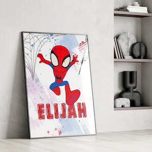 May include: A colorful printable art print featuring a cartoon Spiderman character in a red and blue suit, swinging through a web with a white, blue, and pink watercolor background. The name "ELIJAH" is written in red letters at the bottom of the print.