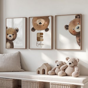 Decoración de guardería: arte de pared con estampado de oso personalizado, pósteres de oso que mira con nombre personalizado, descarga digital de decoración de habitación infantil