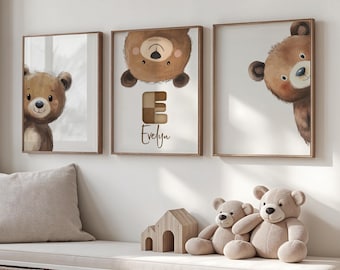 Nursery Decoration - Personalized Bear Print Wall Art, Custom Name Peeking Bear Posters, Digital Download Kids Room Decor