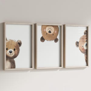 May include: Three framed prints with illustrations of brown bears. The bears are depicted in different poses, with one looking directly at the viewer, one looking up, and one looking down.