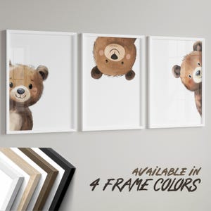Set di 3 stampe artistiche da parete per la cameretta dei bambini "Peeking Bear", decorazione per la cameretta dei bambini "Peekaboo", regalo per baby shower, poster per la cameretta dei bambini del bosco, colori di cornice multipli
