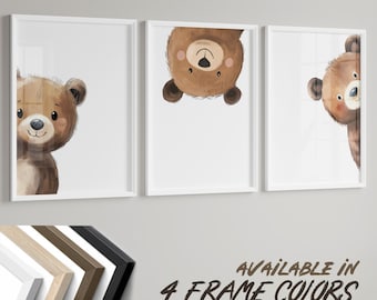 Peeking Bear Nursery Art Print Set, Woodland Decor