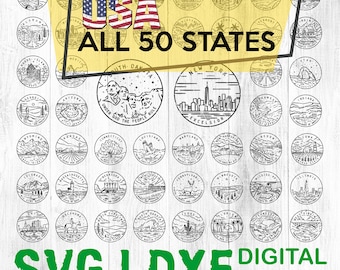 May include: A digital download of SVG and DXF files featuring illustrations of all 50 US states. Each state is represented by a unique design, including landmarks, symbols, and text. The designs are in black and white and are perfect for crafting projects.